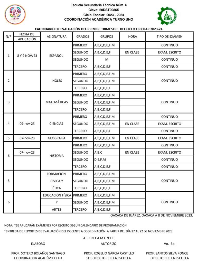 Calendario De Evaluaci N Del Primer Trimestre Del Ciclo Escolar