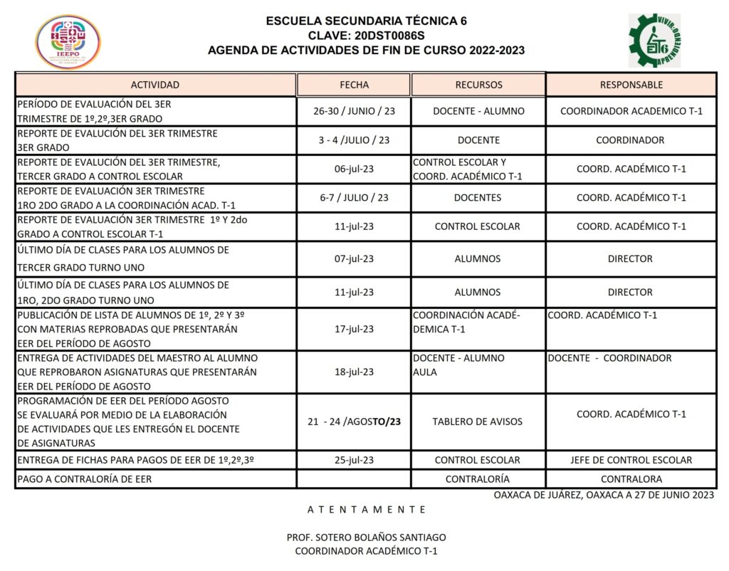 AGENDA DE ACTIVIDADES DE FIN DE CURSO 2022-2023 TURNO 1
