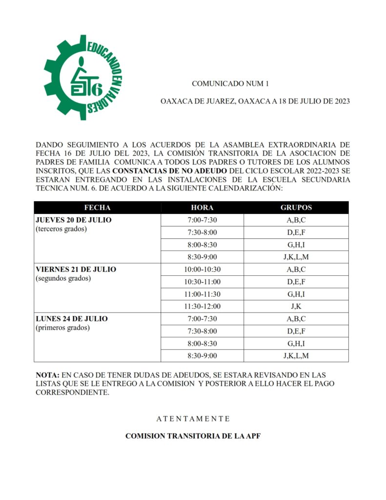 COMUNICADO NUM. 1 CONSTANCIAS DE NO ADEUDO