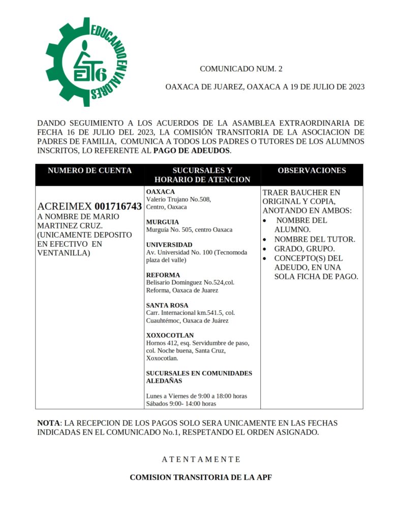COMUNICADO NUM. 2 PAGO DE ADEUDOS