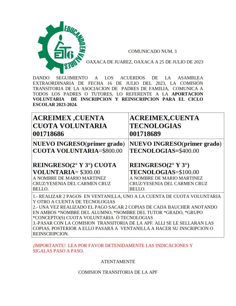 COMUNICADO NUM. 3 APORTACIÓN VOLUNTARIA DE INSCRIPCIÓN Y REINSCRIPCIÓN PARA EL CICLO ESCOLAR 2023-2024