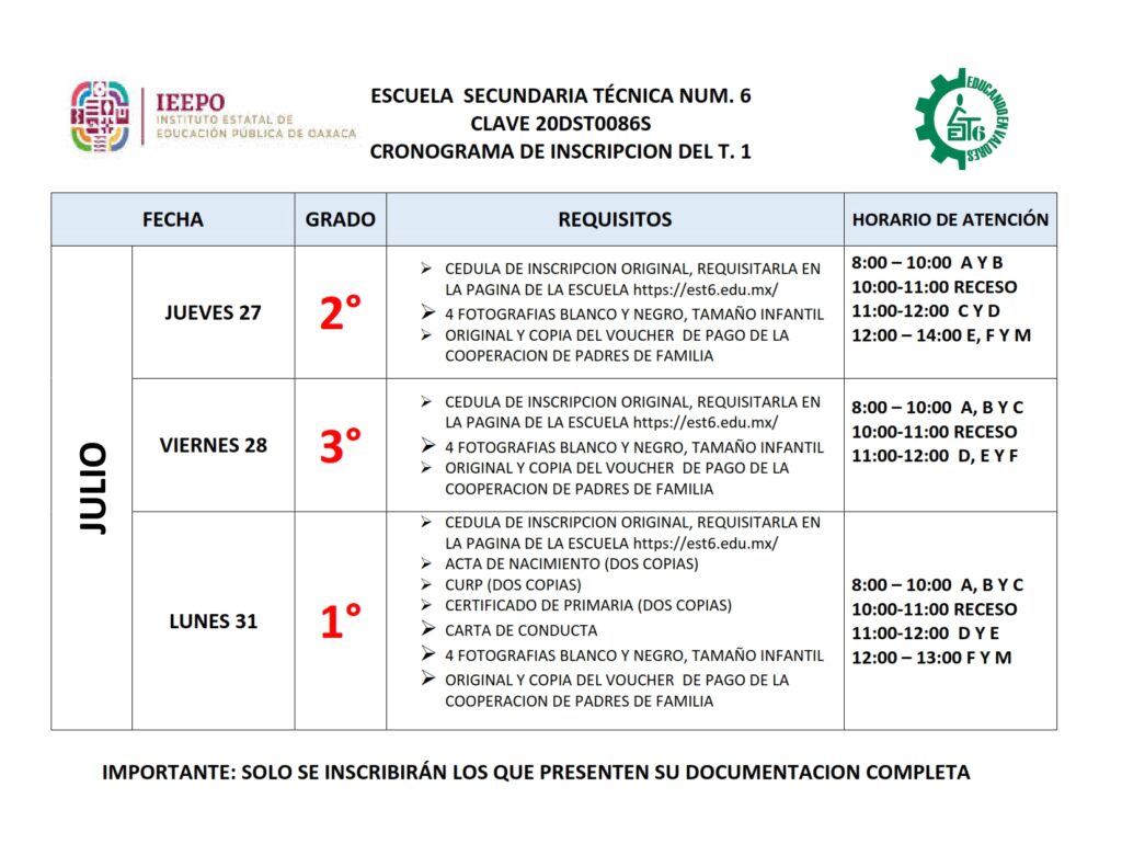 CRONOGRAMA DE INSCRIPCIÓN Y REINSCRIPCIÓN AL CICLO ESCOLAR 2023-2024 TURNO 1