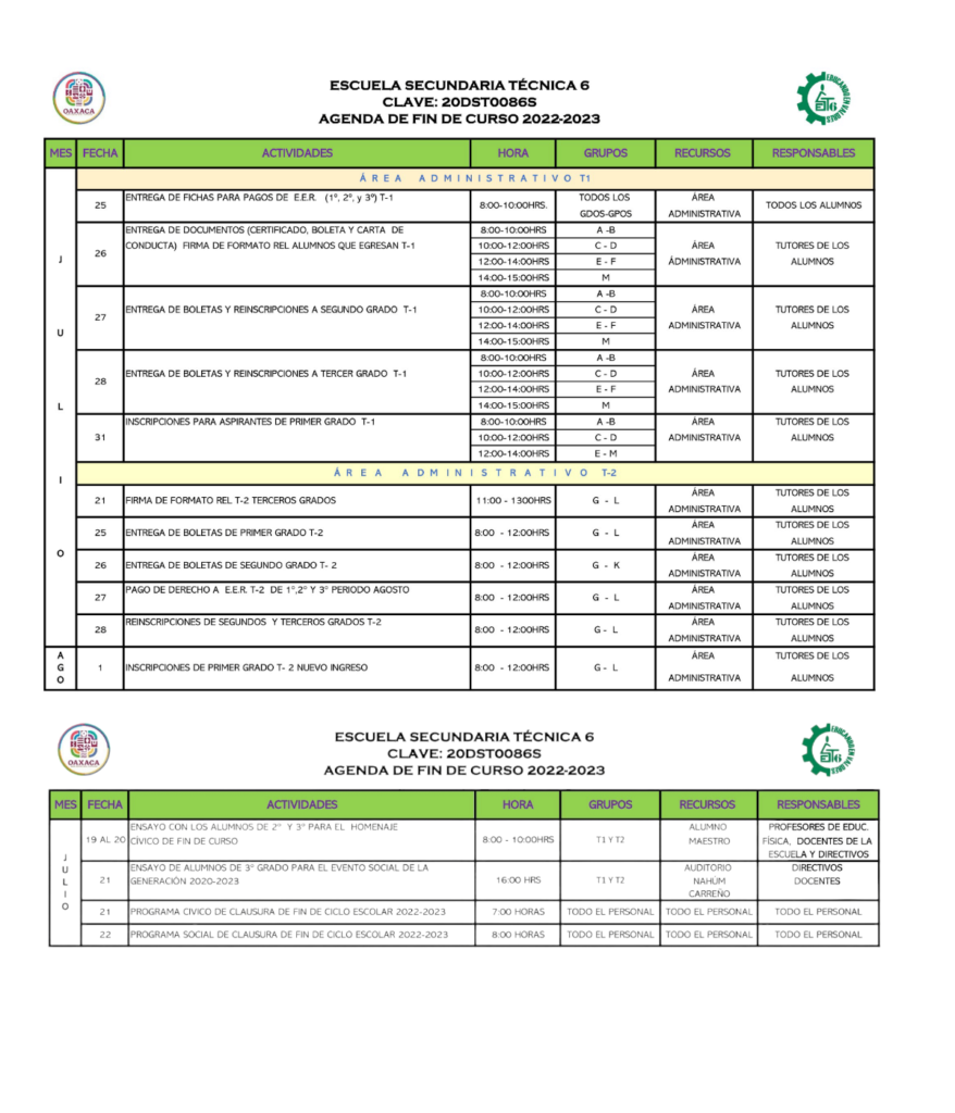 AGENDA DE FIN DE CURSO 2022-2023