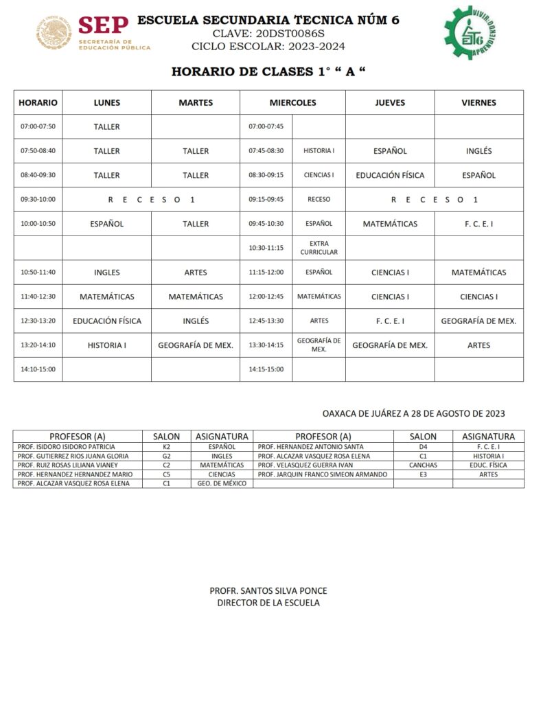 HORARIOS DE CLASES PARA EL CICLO ESCOLAR 2023-2024 AMBOS TURNOS