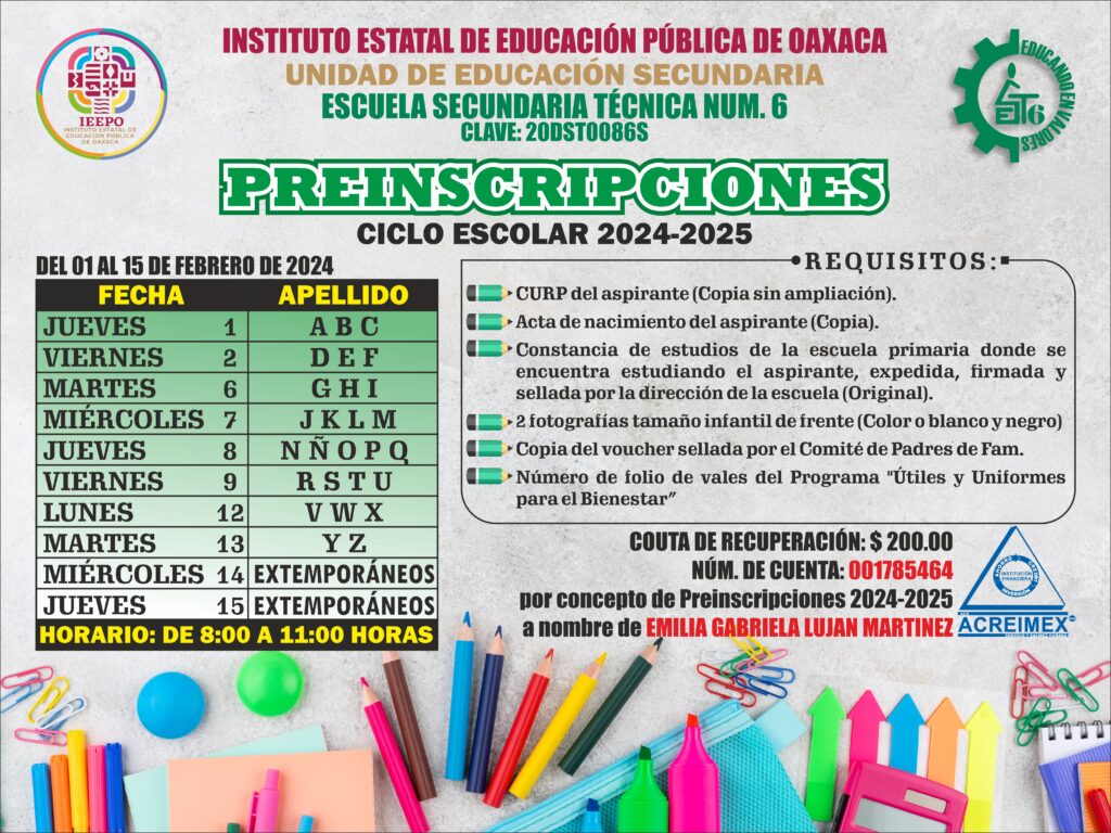 CALENDARIO DE PREINSCRIPCIONES PARA EL CICLO ESCOLAR 2024-2025
